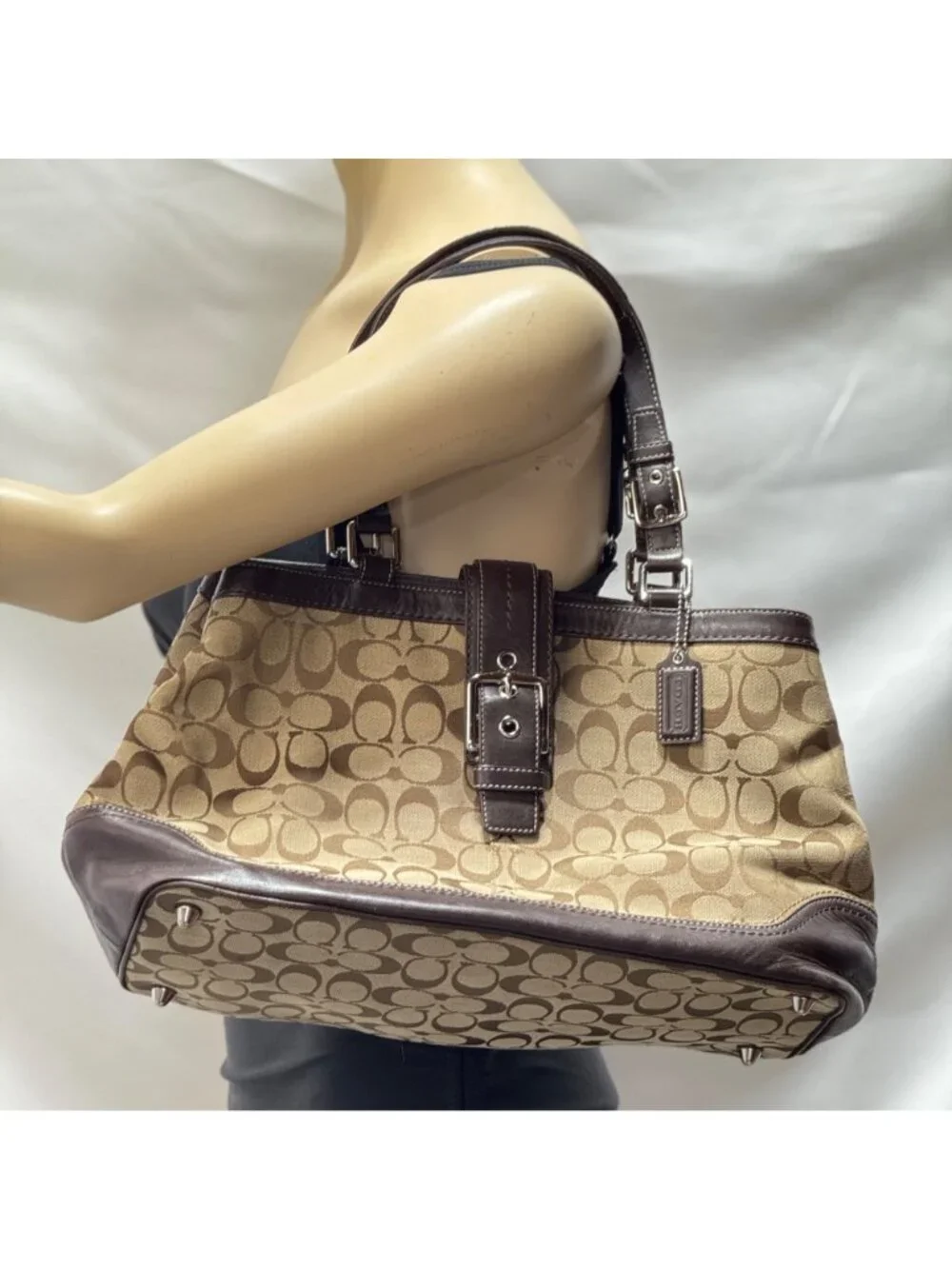 Coach Signature Women's Canvas & Leather Satchel Handbag Brown Dual Handles